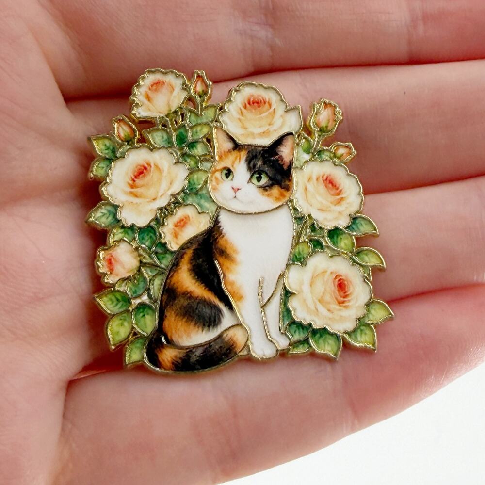 Calico Cat Rose Enamel Pin Floral Cat Lover Cottagecore Vintage Aesthetic